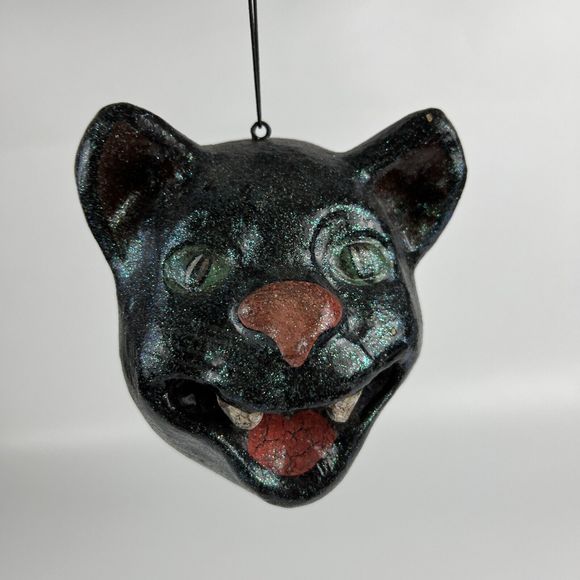Vtg Folk Art Paper Mache Creepy Hissing Cat‎ Head Ornament Macabre Decor - Picture 8 of 14